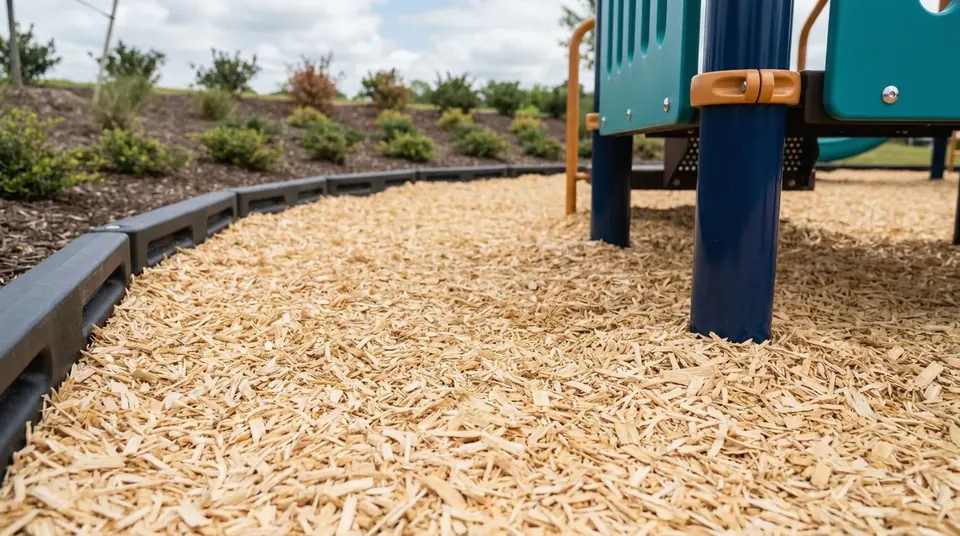 Fresh engineered wood fiber around the post of a play structure