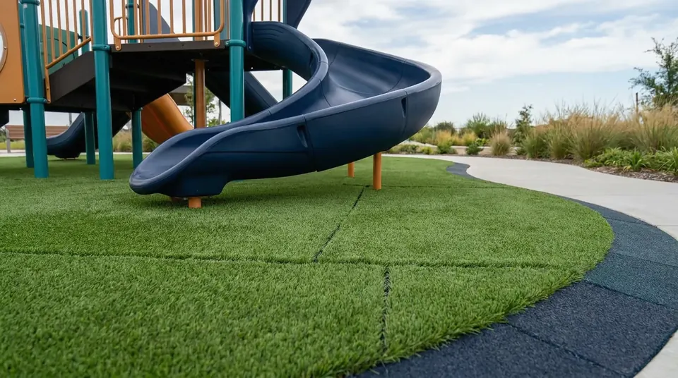 Green playground turf with neat seams at the foot of a slide