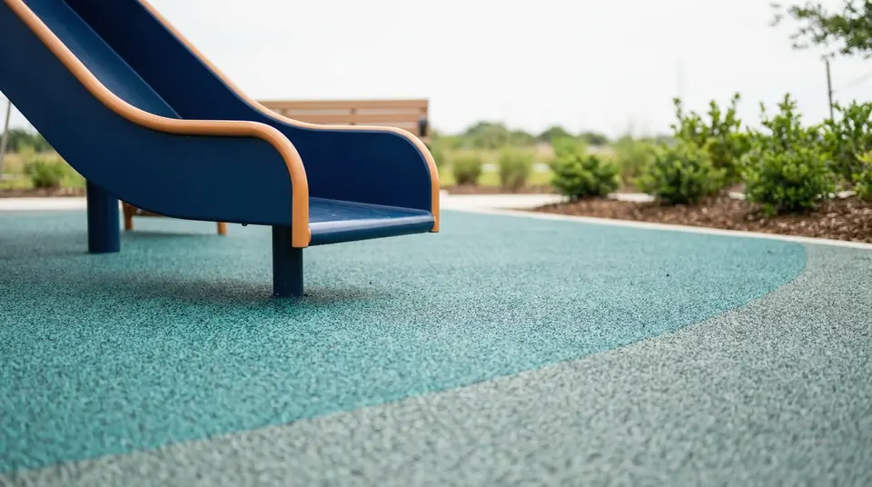 Seamless teal and grey poured rubber at the foot of a slide