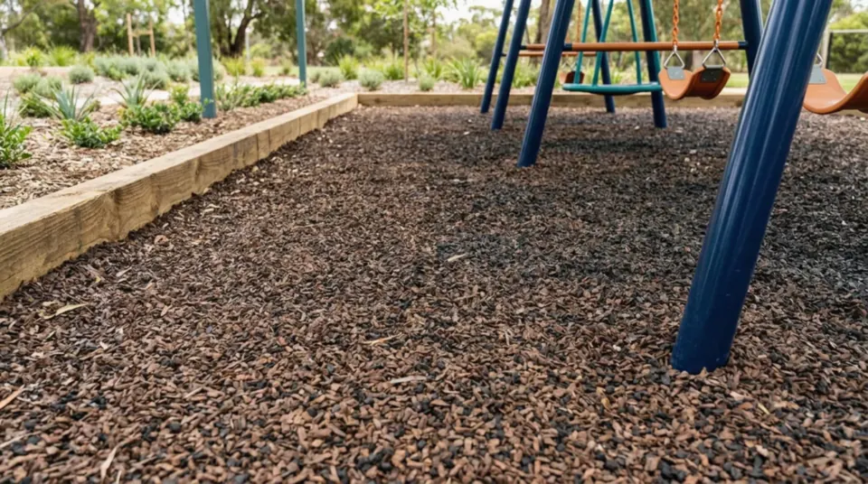 Loose brown and black rubber mulch under a swing