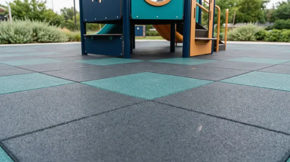 Interlocking grey and teal rubber tiles under a play structure