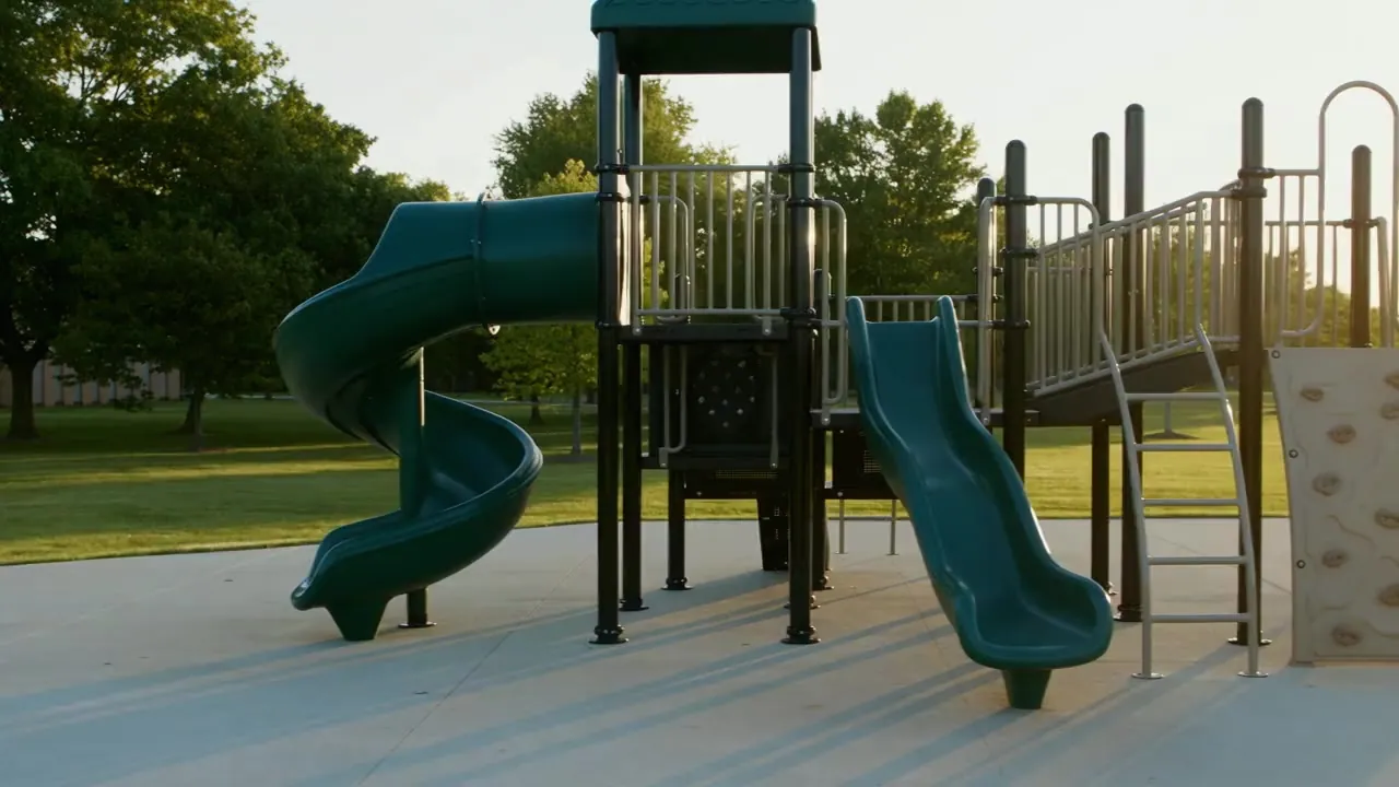 A new school playground with towers and slides in soft morning sun